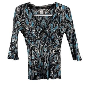 Alberto Makali Blue Crinkle Embellished V-Neck Top Blouse